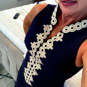 Navy sheath dress with a gold neckline SZ S NBW